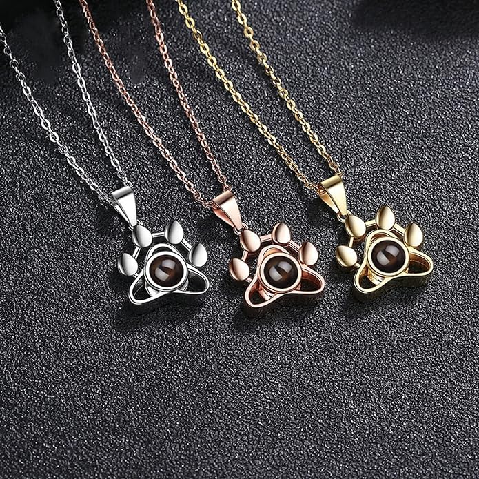 925 Sterling Silver Paw Print Necklace with Picture Inside–Personalized Memorial Necklace, Custom Photo Jewelry with Gift Box, Pet Jewelry Keepsake