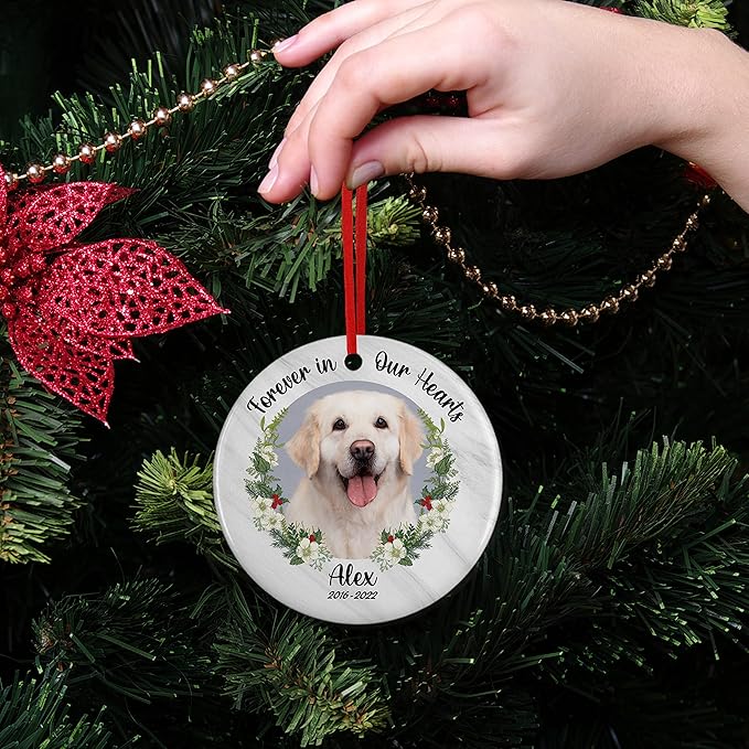 Pet Memorial Gifts, Personalized Dog Memorial Photo Ornament, Custom w/Name & Date - Forever in Our Hearts - 5 Designs - in Loving Memory, Pet Sympathy Gifts - Keepsake Loss of Dog Cat, D1