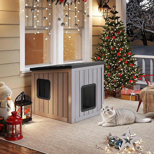 LHBcraft Outdoor Cat House Weatherproof, Clawsable Cat Houses for Outdoor Indoor Cats, Feral Cat House Shelter, Resin Insulated Material, Emergency Exit Easy to Clean and Install, Black