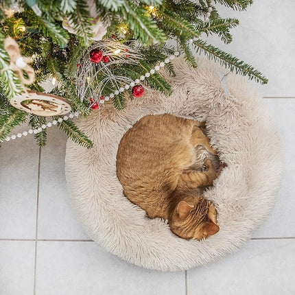 nononfish Puppy Bed for Small Dogs Washable Calming Cat Beds for Indoor Cats Anti-Slip Round Fluffy Plush Faux Fur fits up to 25 lbs Pets,23 inches Beige