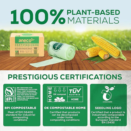 ANECO 8 Gallon Compostable Kitchen Food Waste Bags with Handles (30 Count), Leak-proof Compost Bags for Tall Kitchen Bin, Large 8 Gallon Bags Certified by BPI & OK Compost HOME