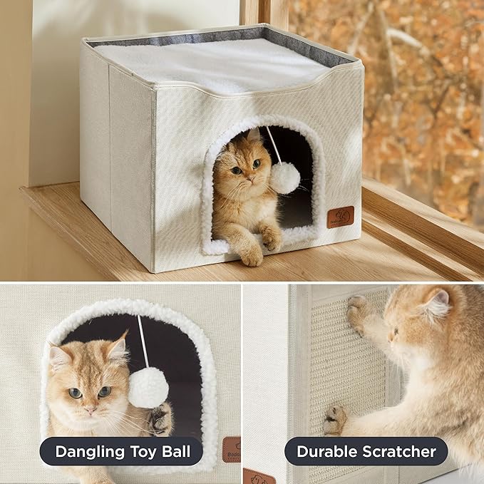Bedsure Cat Beds for Indoor Cats - Large Cat Cave for Pet Cat House with Fluffy Ball Hanging and Scratch Pad, Foldable Cat Hideaway, 16.5x16.5x13 inches, Ivory
