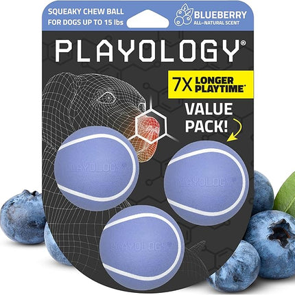 Playology Dog Toys | Squeaky Chew Ball - Bouncy Durable Floating Fetch Ball for Dogs, Value 3-Pack | Small Blueberry Scented Toy - Easy to Clean and Made from Non Toxic Materials