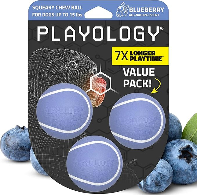 Playology Dog Toys | Squeaky Chew Ball - Bouncy Durable Floating Fetch Ball for Dogs, Value 3-Pack | Small Blueberry Scented Toy - Easy to Clean and Made from Non Toxic Materials
