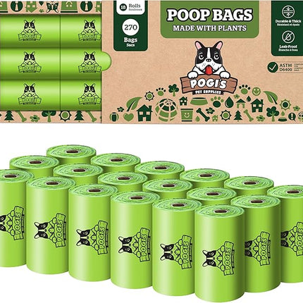 Pogi's Compostable Poop Bags – Leak-Proof, Extra-Large, Made with Plants – 18 Rolls (270 Bags)