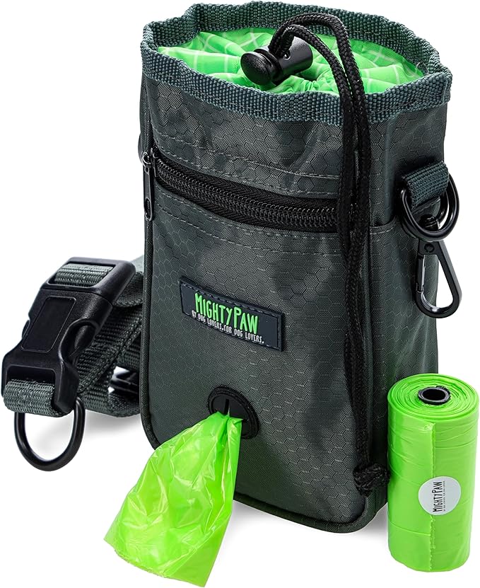 Mighty Paw Dog Treat Bag - Drawstring Closure Pouch - Includes Carabiner Hook and Pick-up Bags - Dog Paw Treat Bag - Pet Training Pouch - (Grey/Green)