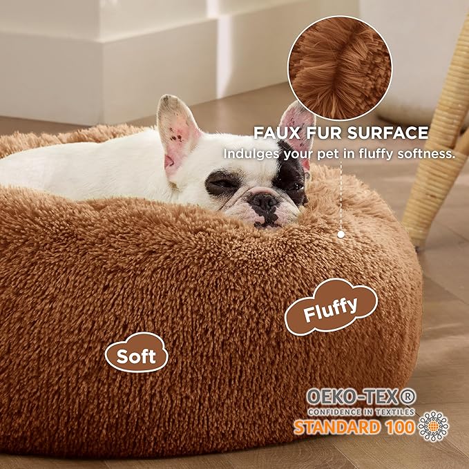 Bedsure Calming Dog Bed for Small Dogs - Donut Washable Small Pet Bed, 23 inches Anti-Slip Round Fluffy Plush Faux Fur Large Cat Bed, Fits up to 25 lbs Pets, Copper