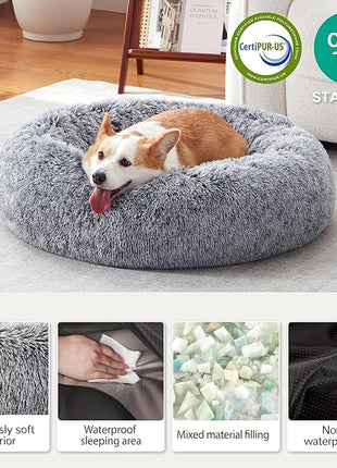 Calming Dog Bed - Donut Washable Medium Size Round Pet Bed for Dogs and Cats, 30 inches Anti-Slip Fluffy Faux Fur Plush Cat Bed, Anti-Anxiety Cushion with Anti-Slip Bottom