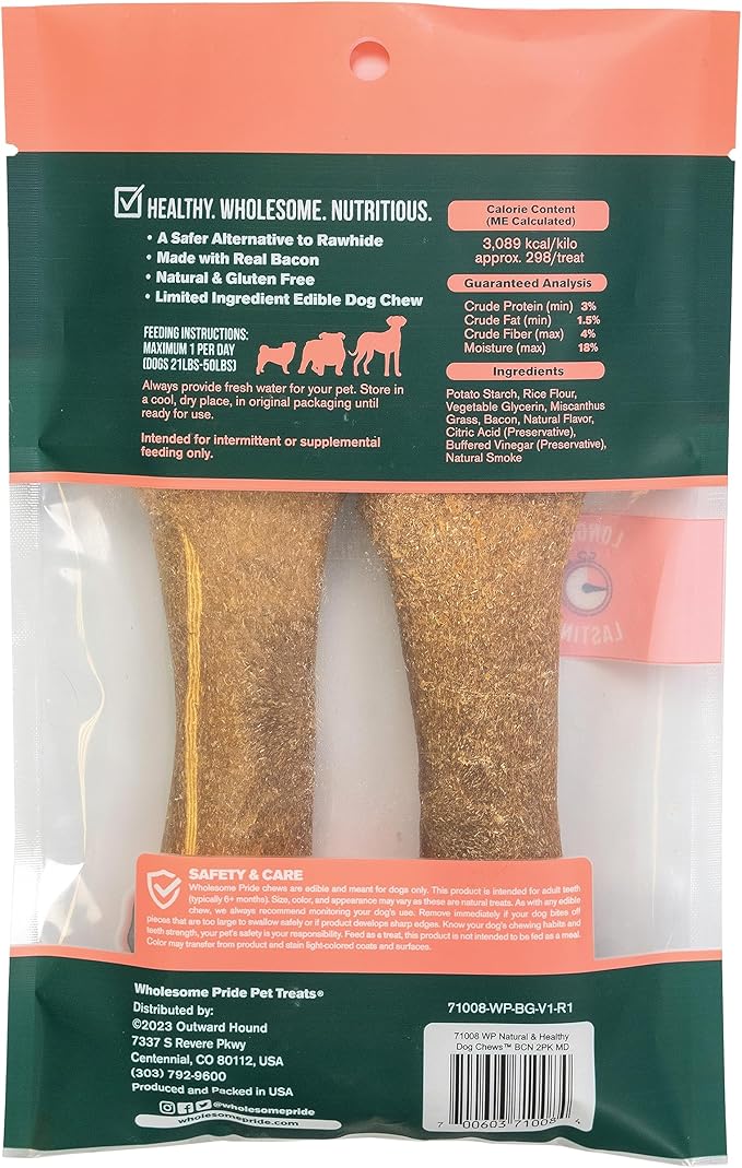 Wholesome Pride Natural & Healthy Dog Chews 2Pk for Medium Dogs, Bacon Flavor, Made in The USA