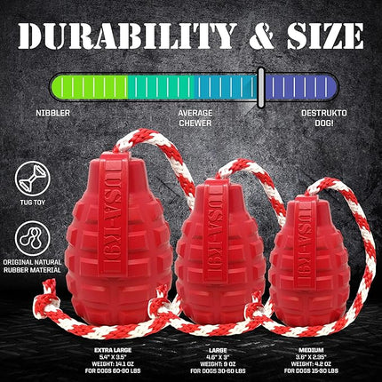 SodaPup USA-K9 Grenade – Durable Dog Tug Toy, Chew Toy & Treat Dispenser Made in USA from Non-Toxic, Pet-Safe, Food Safe Natural Rubber Material for Mental & Physical Stimulation, Bonding, & More