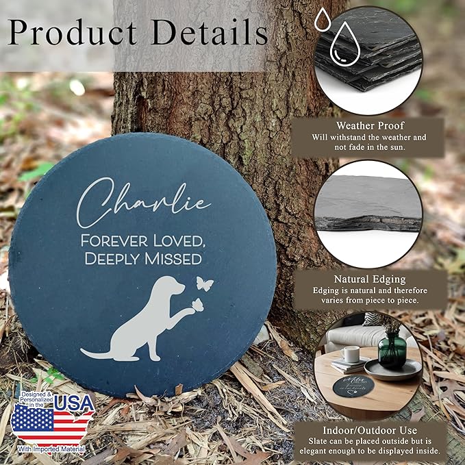 Personalized Pet Memorial Stone for Dogs and Cats | Custom Laser-Etched Weatherproof Garden Grave Marker | Natural Stone Bereavement Headstone Sympathy Gift | 4, 6, 10, or 12 Inch Heart or Circle Shape (A9)