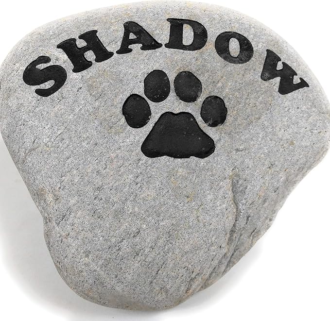 Personalized River Stone Pet Memorial Stones Headstone Grave Marker for Dog or Cat 8 inches to 10 inches Natural Rock Customized with Name and Paw Print