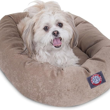 Majestic Pet 24 Inch Micro Velvet Calming Dog Bed Washable – Cozy Soft Round Dog Bed with Spine for Head Support - Fluffy Donut Puppy Mat 24x19x7 (inch) Small - Pearl