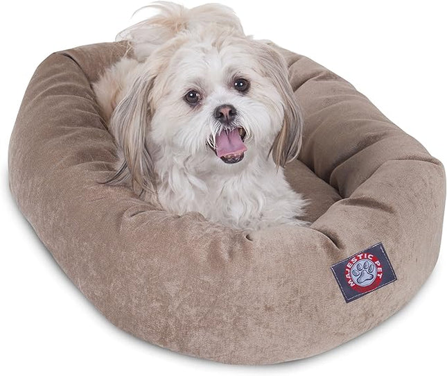 Majestic Pet 24 Inch Micro Velvet Calming Dog Bed Washable – Cozy Soft Round Dog Bed with Spine for Head Support - Fluffy Donut Puppy Mat 24x19x7 (inch) Small - Pearl