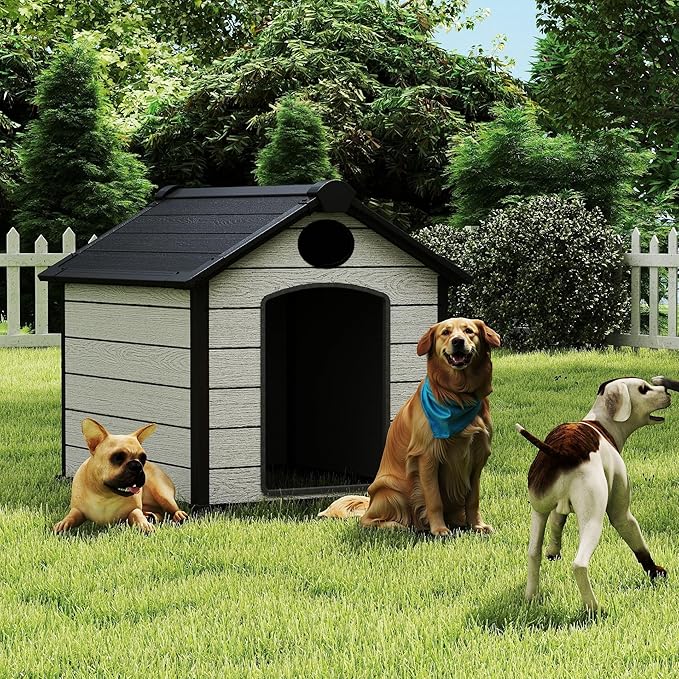 46" Large Dog House Outdoor Weatherproof, 3XL Big Dog House for 2 Large Dogs Outside, Insulated Igloo Pet House with Elevated Floor, Extra Durable Resin Plastic, 46Lx40Wx40H, Cemented Grey