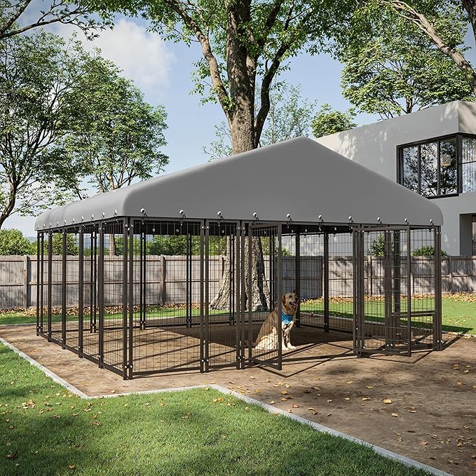 10X10FT Dog Kennel Outside Double Door Dog Kennel Outdoor with Feeding, Heavy Duty Outdoor Dog Crate Durable Dog Cage with Roof & Double Lock
