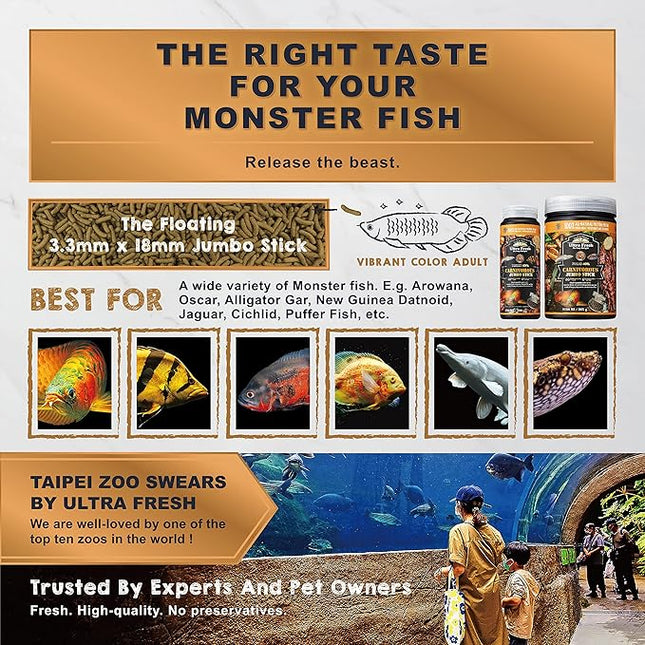 Ultra Fresh Monster Fish Food, Wild Sword Prawns, Floating Sticks for Oscars, Bass, Large Cichlids and Tropical Fish, Carnivorous Jumbo Stick 13.58 oz