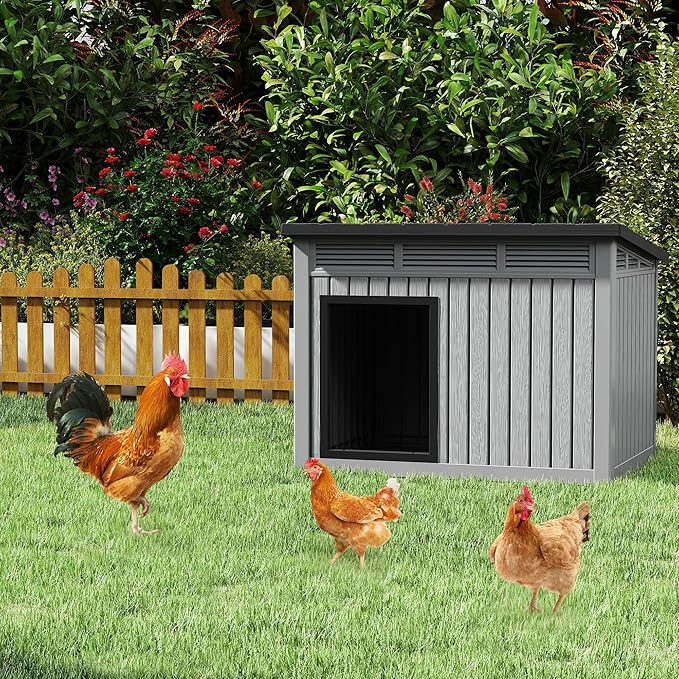 Large Chicken House Outdoor Indoor for Medium Large Dogs, Durable Plastic Waterproof Chicken House with Air Vents and Elevated Floor, Easy Clean and Assemble (Grey, 42.8" L x 33" W x 31.5" H)