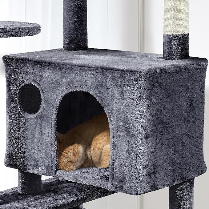 Yaheetech XL Cat Tree, 80in Multi-Level Tower With Scratching Posts, Double Caves, Perched Platforms and Dangling Balls, Stand House for Kittens Pet, Dark Gray