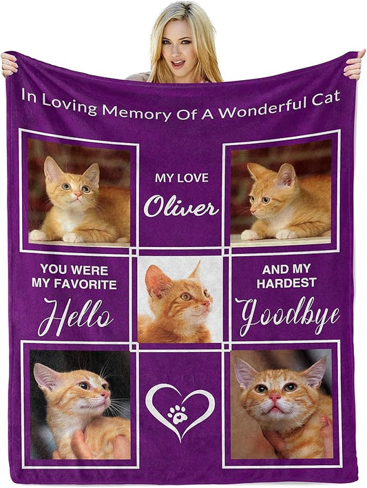 Customized Blanket with Photos Name, Personalized Blanket with Picture in Memory of Cats, Pet Memorial Gifts for Cats, Bereavement Sympathy Gift for Pet Lovers
