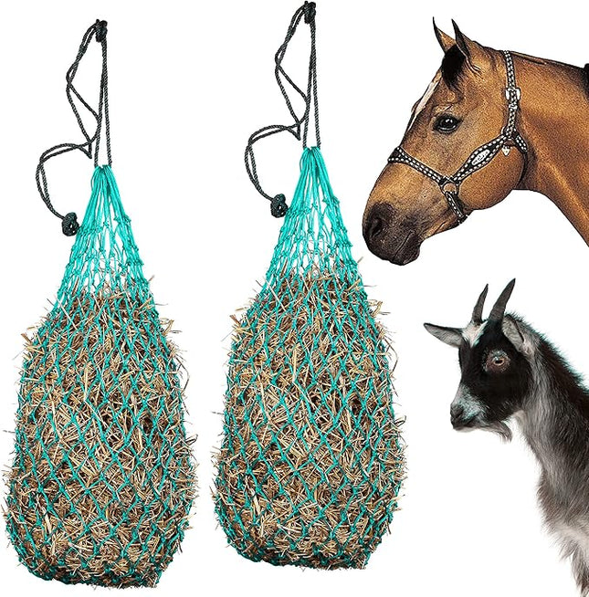 Majestic Ally 2 pcs Ultra Slow Feed 1.5"x1.5" Holes 40” Hay Net for Horses and livestocks (Turquoise)