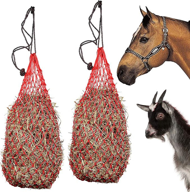 Majestic Ally 2 pcs Ultra Slow Feed 1.5"x1.5" Holes 40” Hay Net for Horses and livestocks (Red)