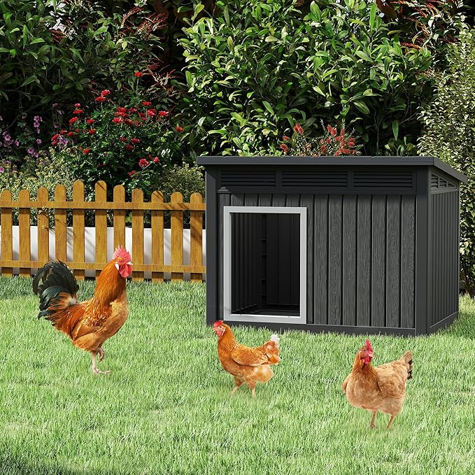 Large Chicken House Outdoor Indoor for Medium Large Dogs, Durable Plastic Waterproof Chicken House with Air Vents and Elevated Floor, Easy Clean and Assemble (Black, 42.8" L x 33" W x 31.5" H)