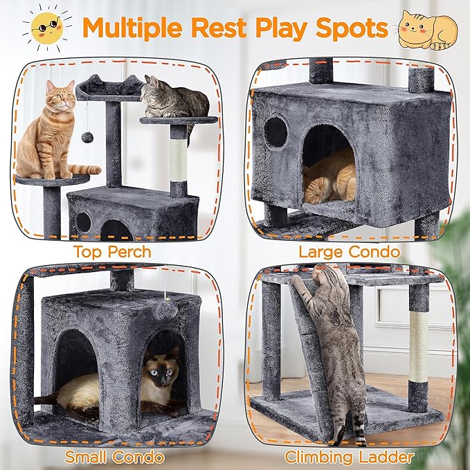Yaheetech XL Cat Tree, 80in Multi-Level Tower With Scratching Posts, Double Caves, Perched Platforms and Dangling Balls, Stand House for Kittens Pet, Dark Gray