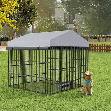 Large Outdoor Dog Kennel with Roof, 6.6’ x 6.6’ x 6.4’ Metal Pet Enclosure, UV & Weatherproof, Spacious Dog Run with Adjustable Feeders Suitable for Dogs, Chickens, Rabbits & More